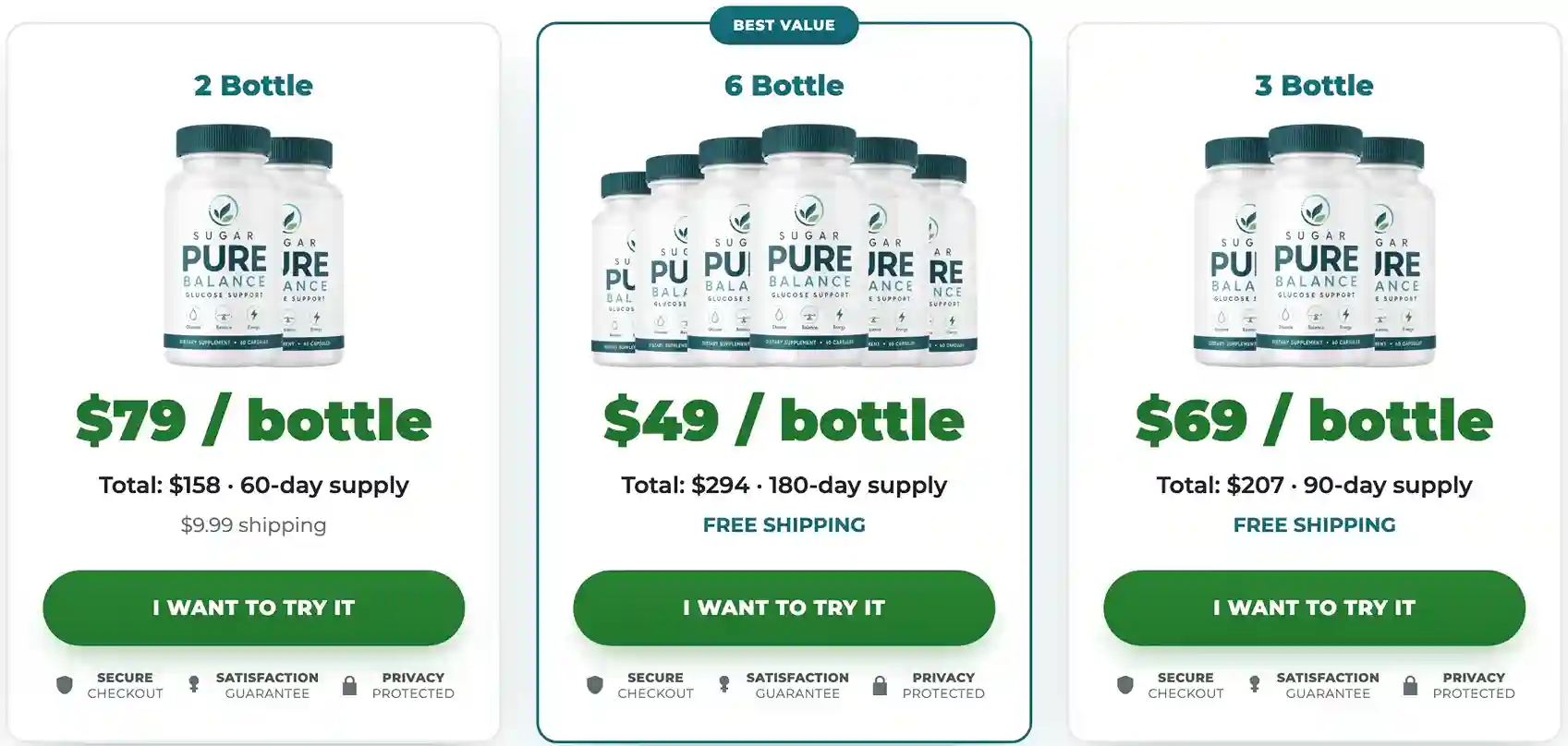 Sugar Pure Balance Pricing — 2 Bottles $79, 3 Bottles $69, 6 Bottles $49